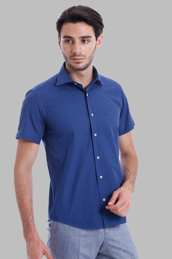 WSS Slim Fit Short Sleeve Poly Cotton Navy Blue Men Shirt  - Singen