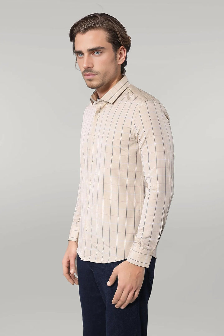 WSS Beige Slim Fit Plaid Men's Shirt  - Singen