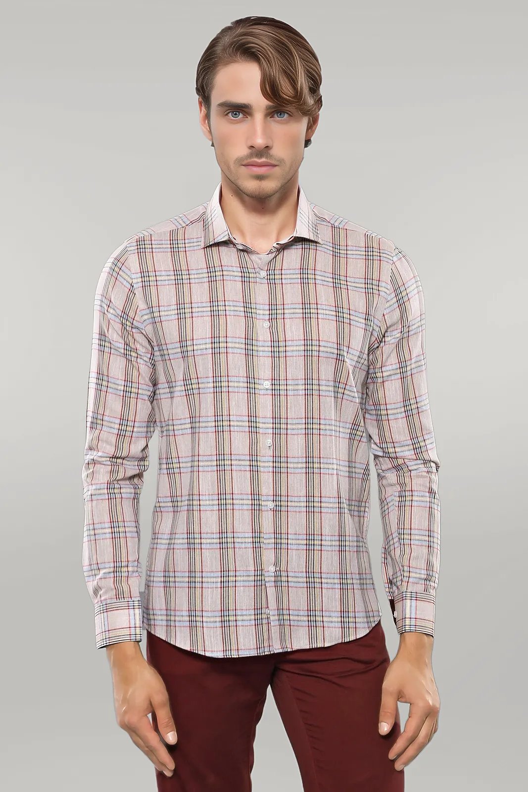 WSS Beige Plaid Slim-Fit Shirt   - Singen