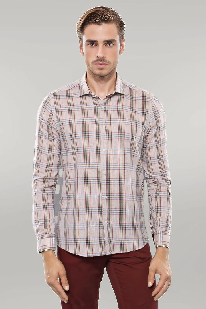 WSS Beige Plaid Slim-Fit Shirt   - Singen