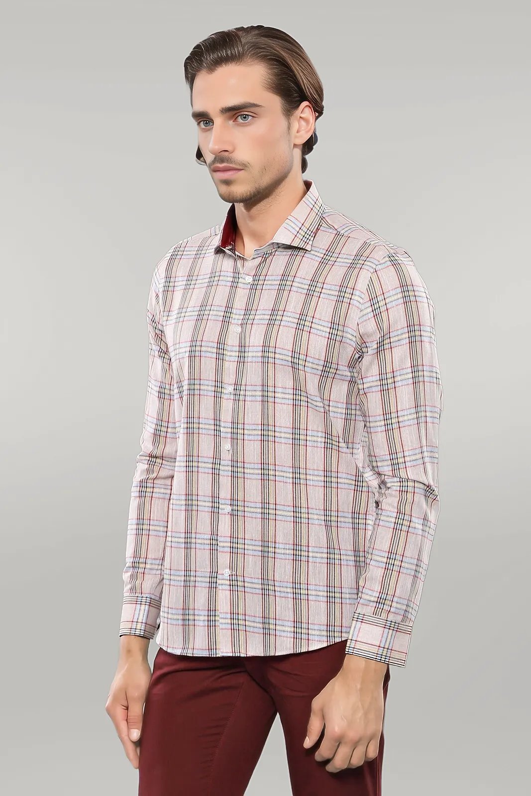 WSS Beige Plaid Slim-Fit Shirt   - Singen