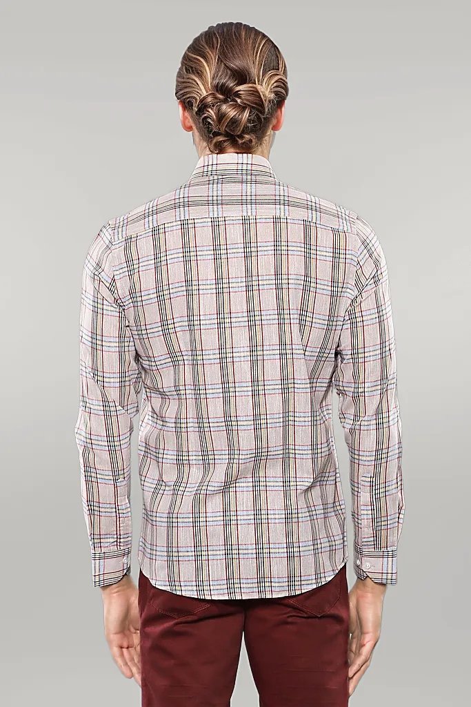 WSS Beige Plaid Slim-Fit Shirt   - Singen