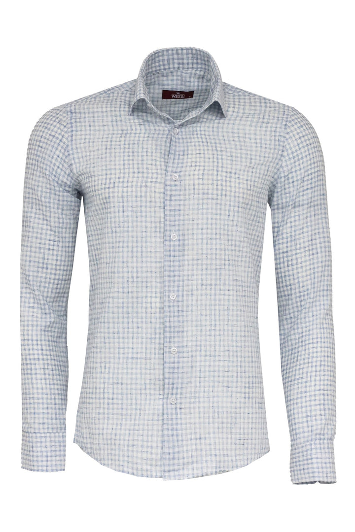 WSS Plaid Slim Fit Sky Blue Men Shirt  - Singen