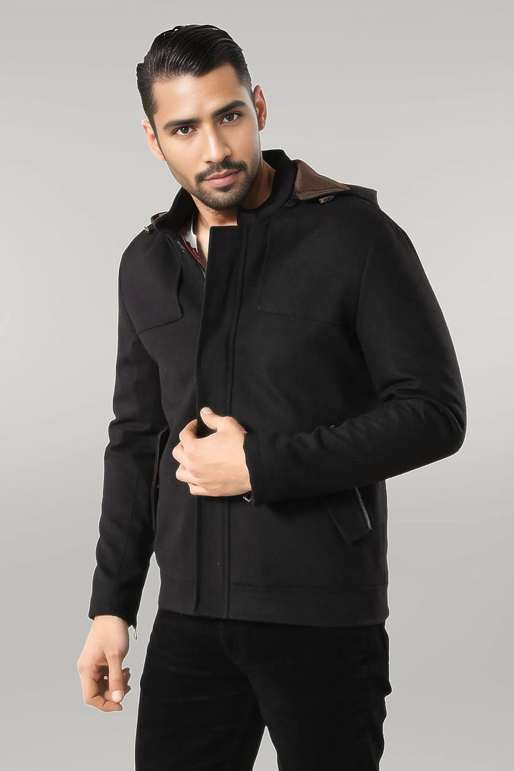 WSS Zippered Sleeve Hooded Black Men Coat  - Singen