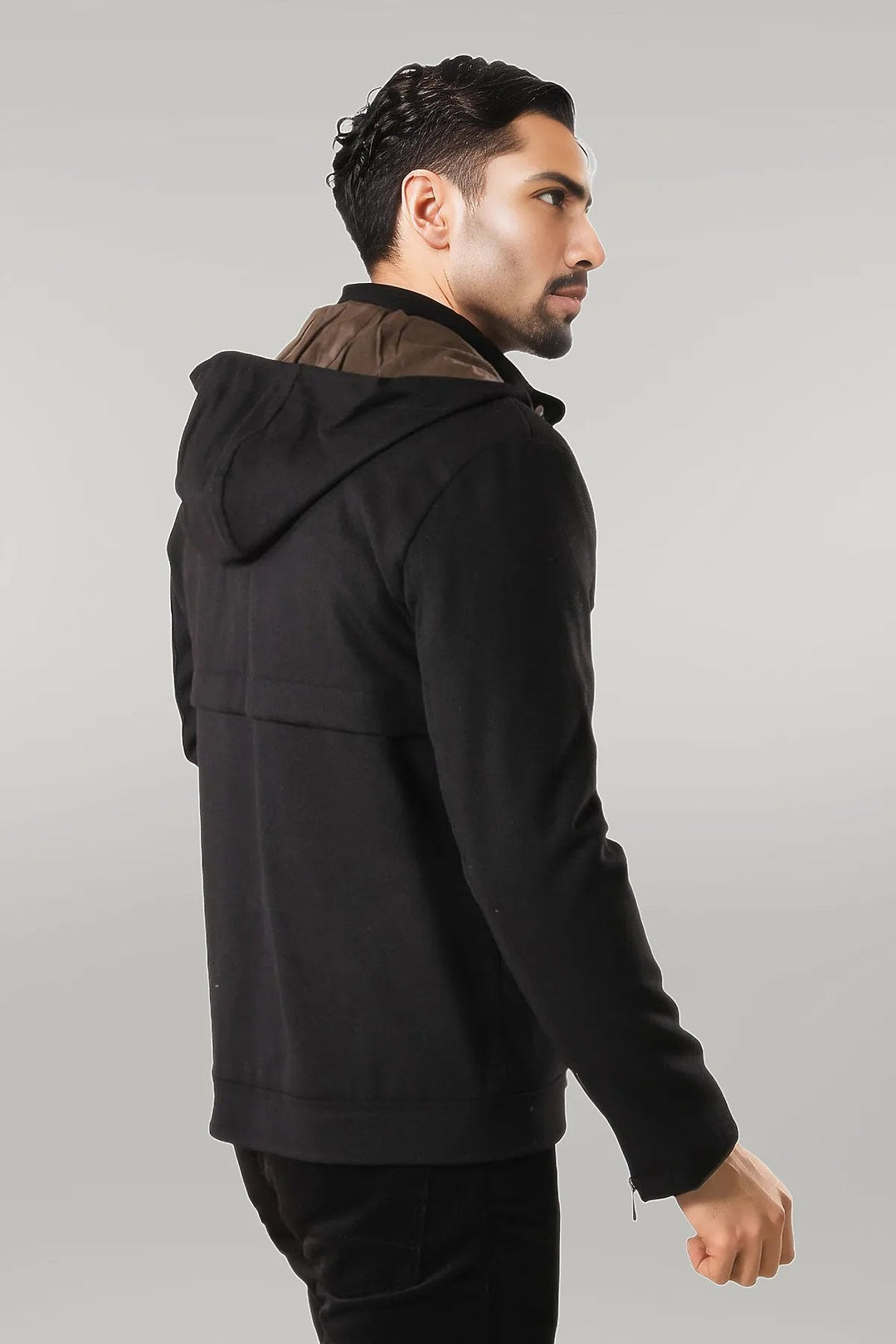 WSS Zippered Sleeve Hooded Black Men Coat  - Singen