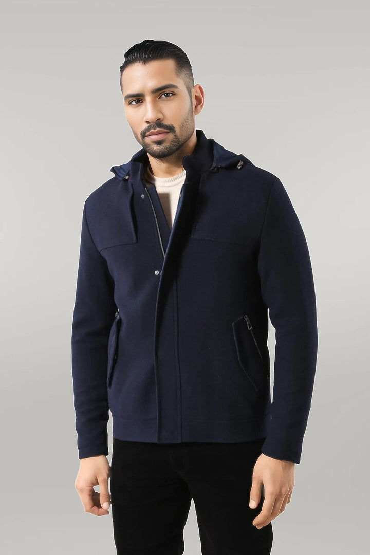 WSS Zippered Sleeve Hooded Blue Men Coat  - Singen