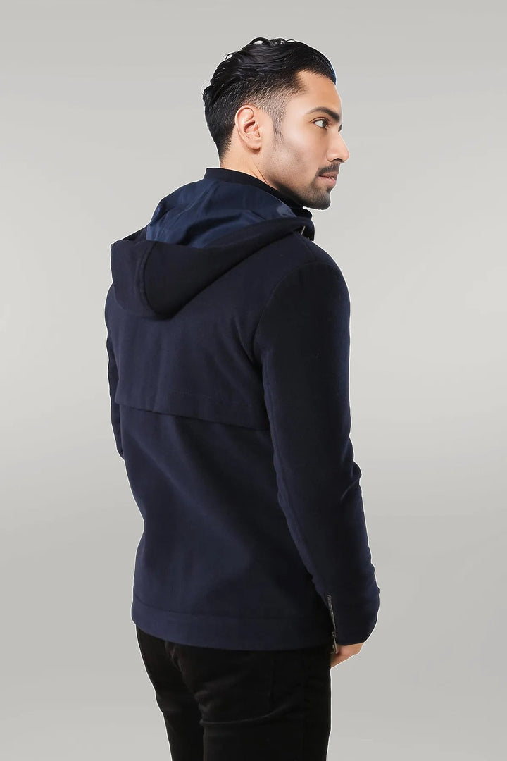 WSS Zippered Sleeve Hooded Blue Men Coat  - Singen