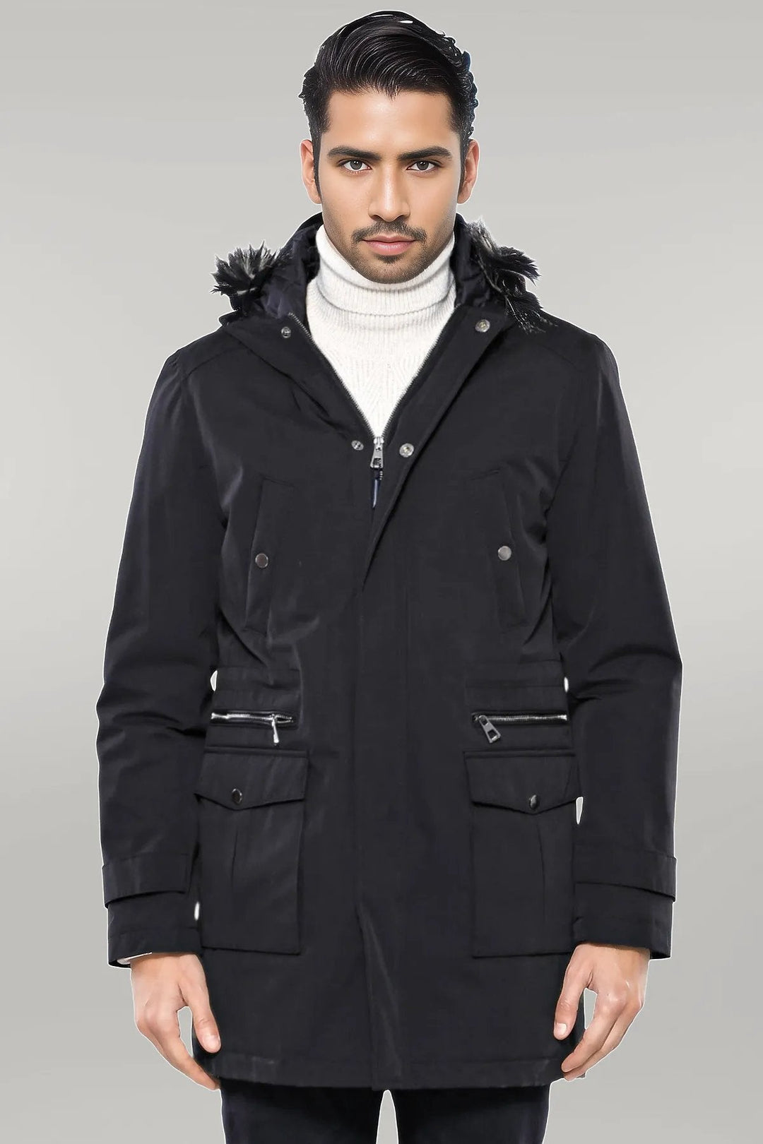 WSS Fur Hooded Black Men Coat  - Singen