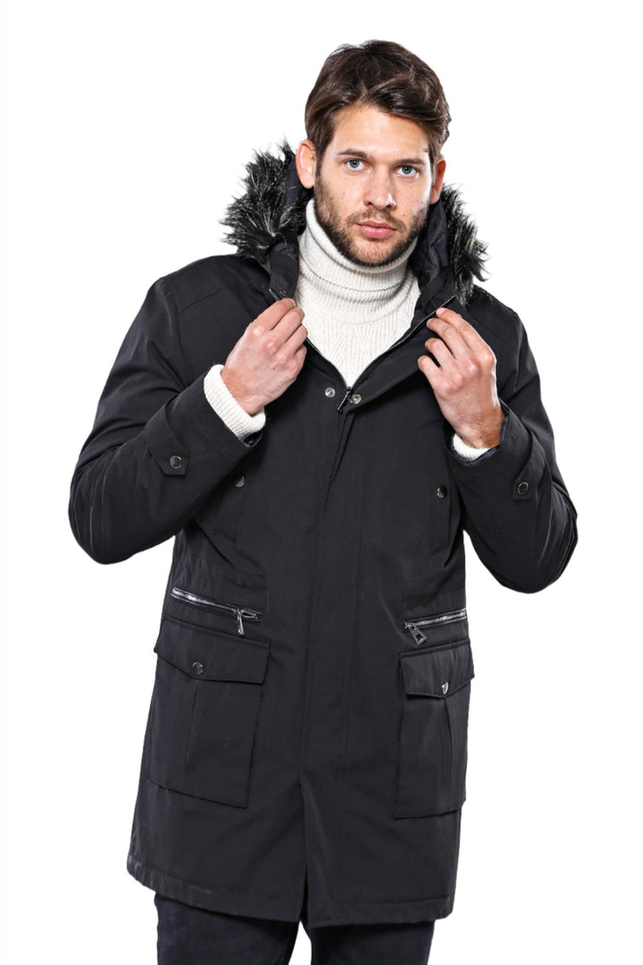 WSS Fur Hooded Black Men Coat  - Singen