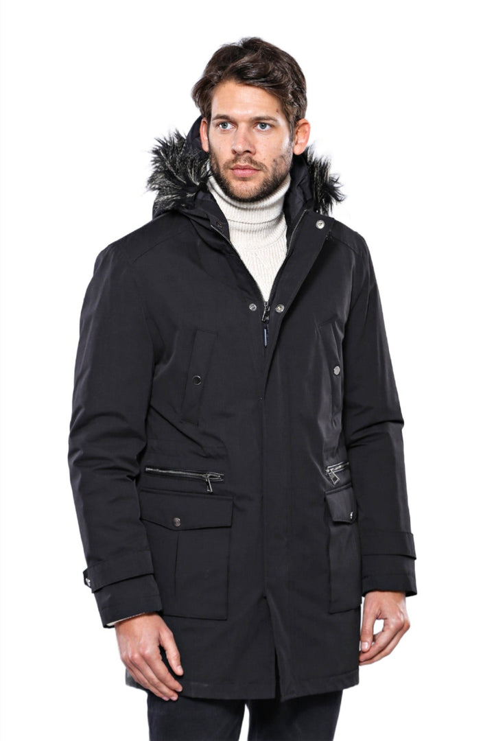 WSS Fur Hooded Black Men Coat  - Singen