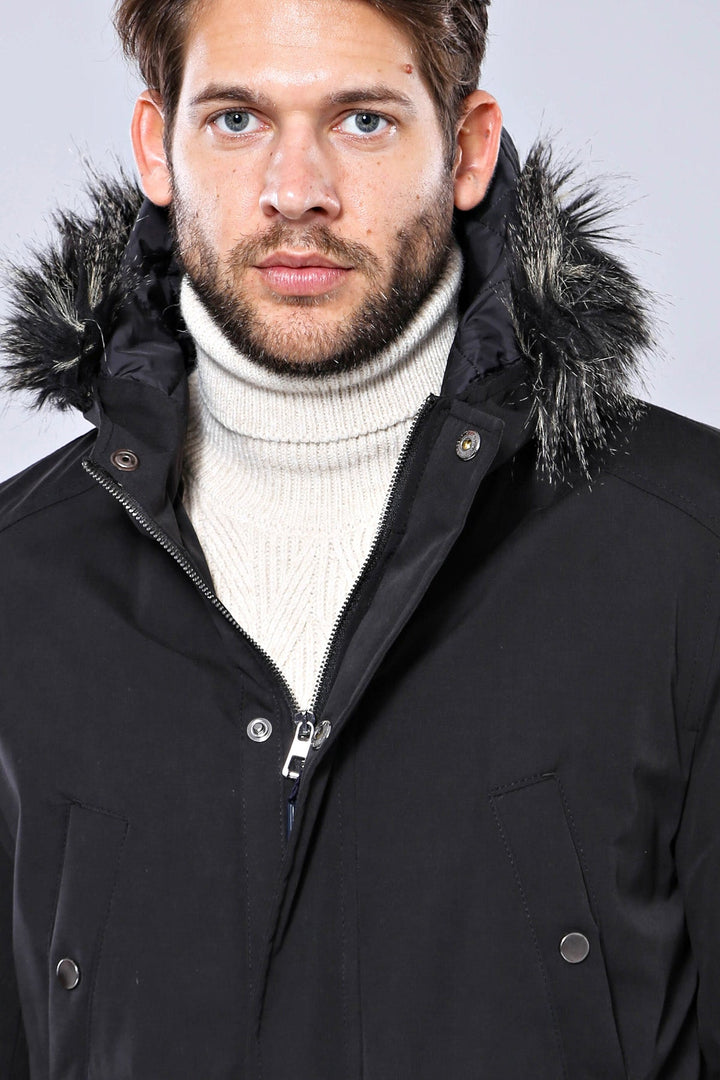 WSS Fur Hooded Black Men Coat  - Singen