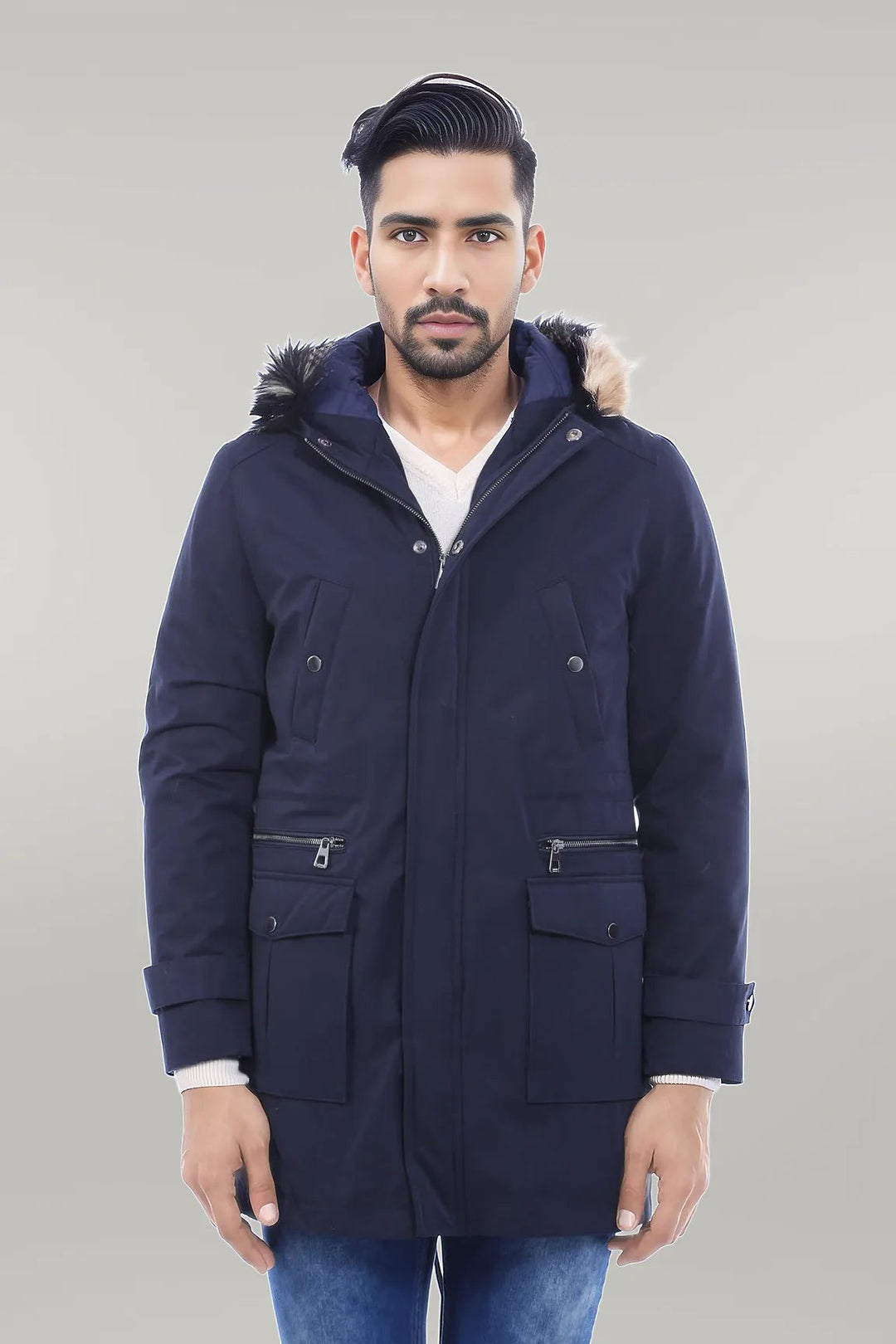 WSS Fur Hooded Navy Blue Men Coat  - Singen