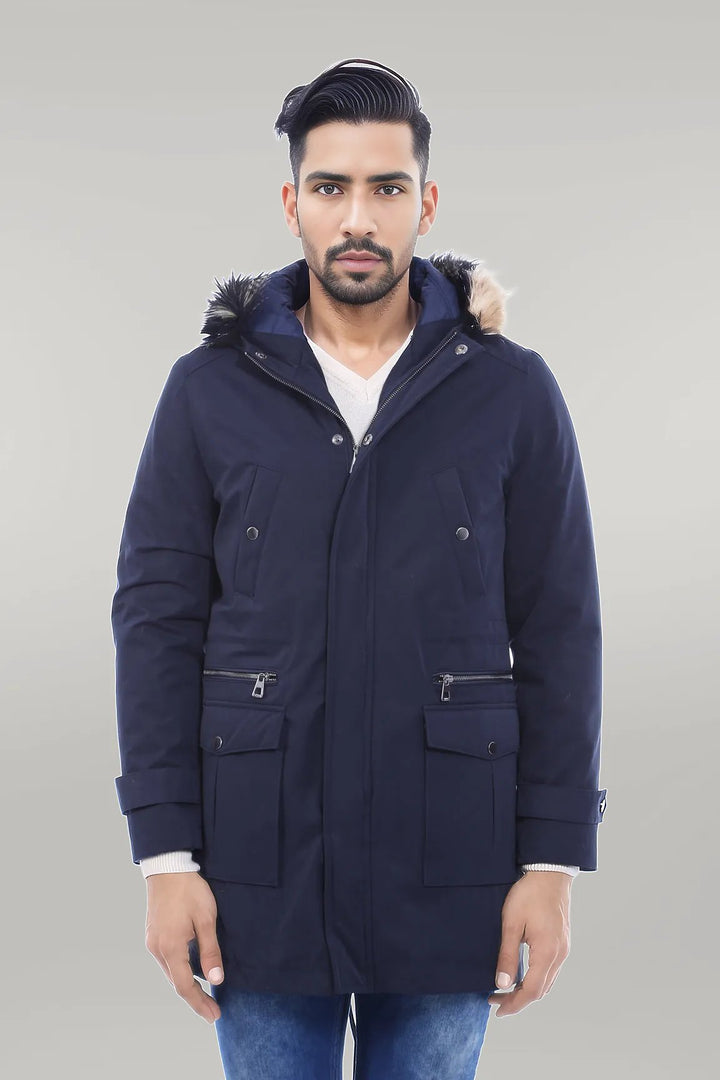 WSS Fur Hooded Navy Blue Men Coat  - Singen