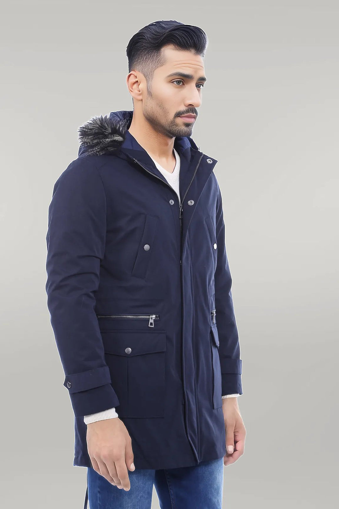 WSS Fur Hooded Navy Blue Men Coat  - Singen