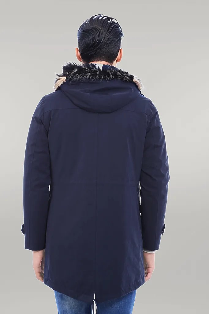 WSS Fur Hooded Navy Blue Men Coat  - Singen