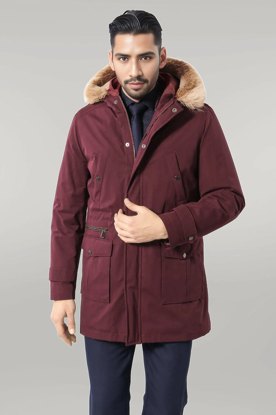 WSS Fur Hooded Burgundy Men Coat  - Singen