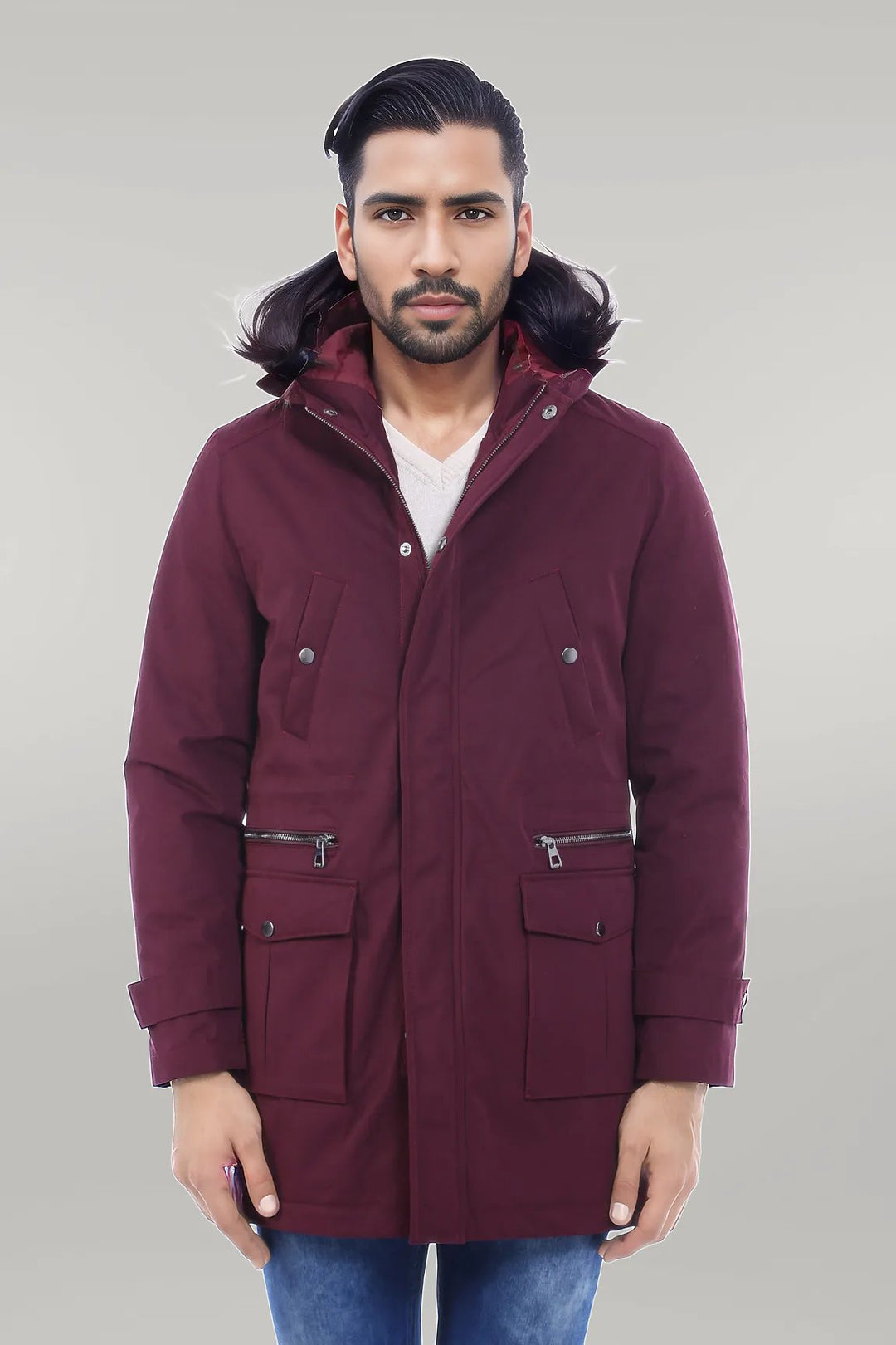 WSS Fur Hooded Burgundy Men Coat  - Singen