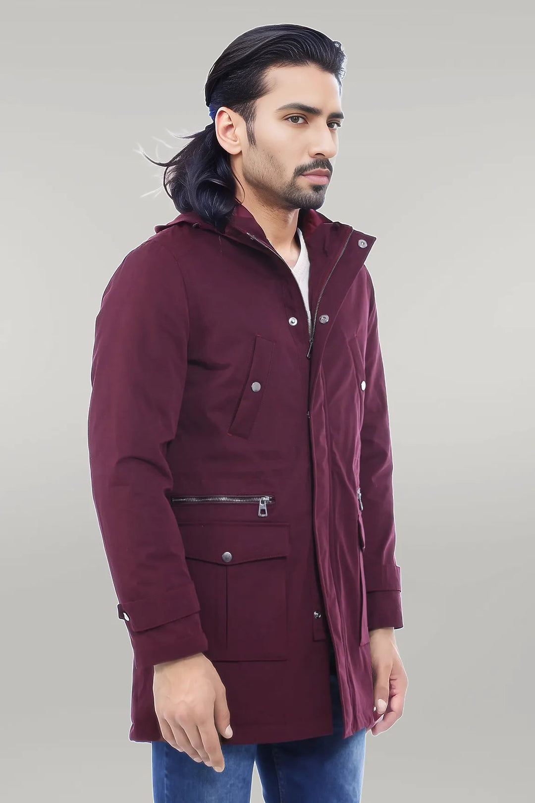 WSS Fur Hooded Burgundy Men Coat  - Singen