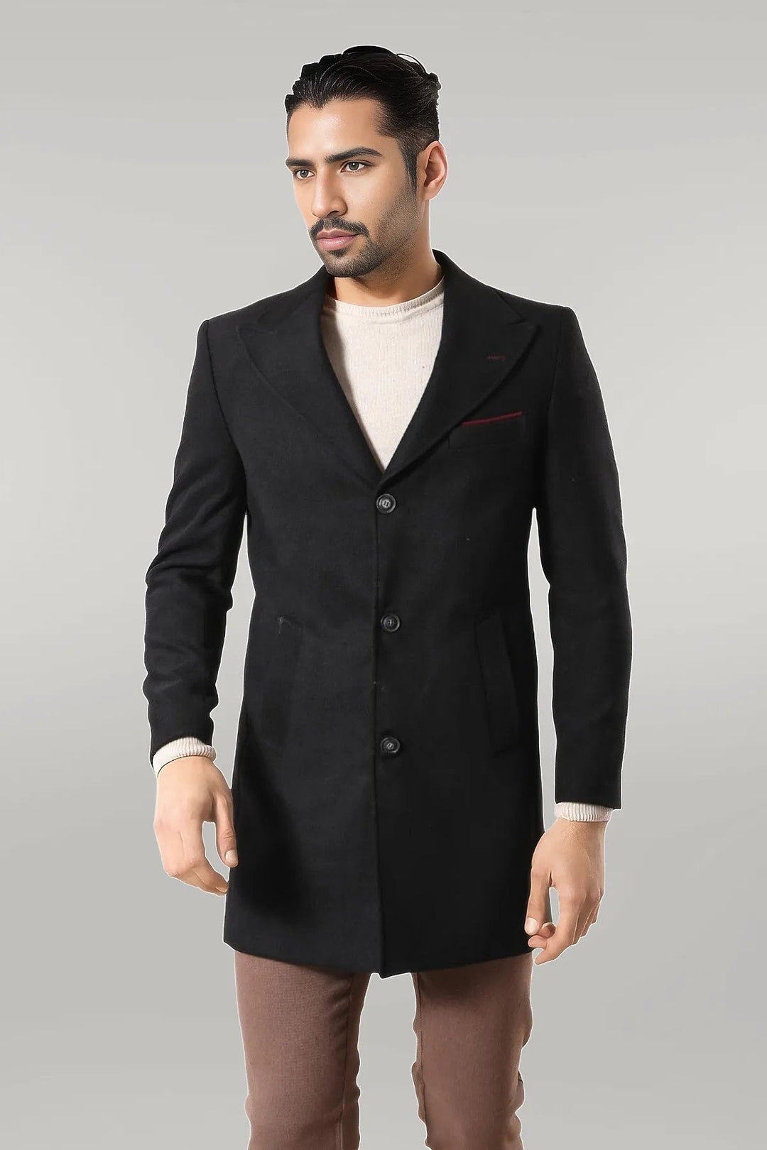 WSS Wide Pointed Collar Over Knee Black Men Coat  - Singen