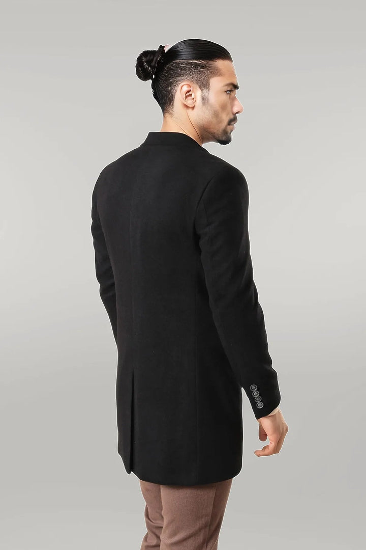 WSS Wide Pointed Collar Over Knee Black Men Coat  - Singen