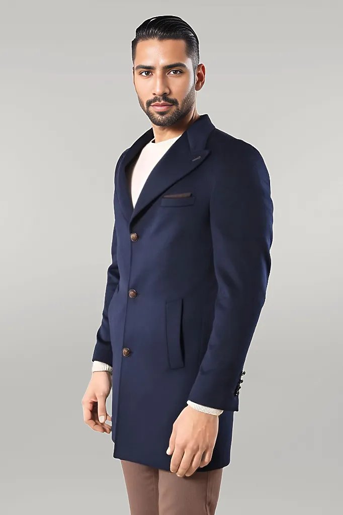 WSS Wide Pointed Collar Over Knee Navy Blue Men Coat  - Singen