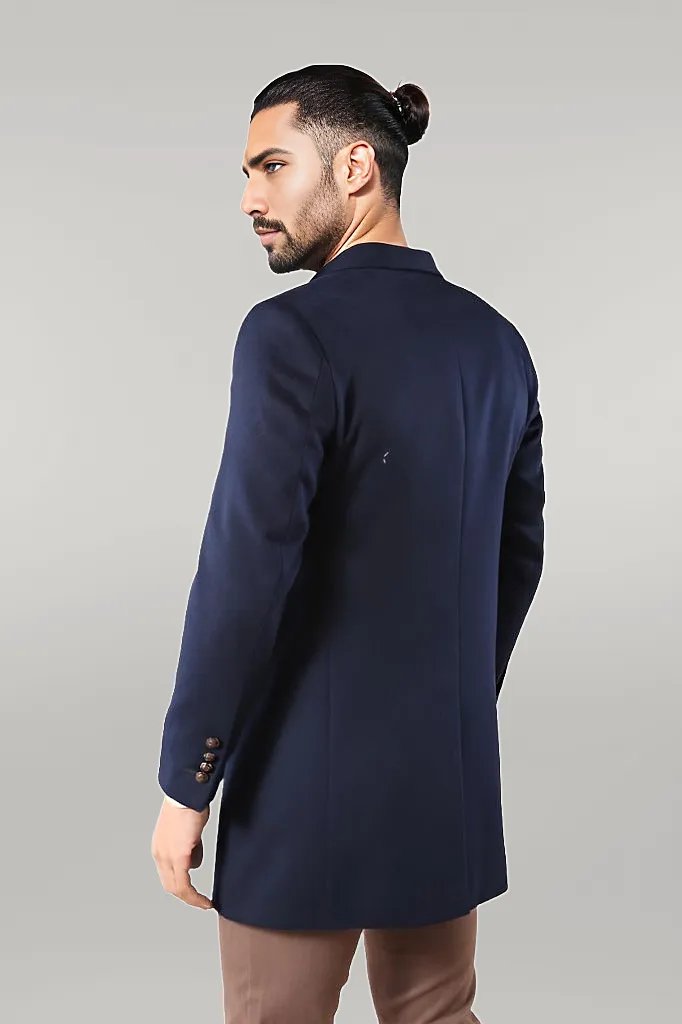 WSS Wide Pointed Collar Over Knee Navy Blue Men Coat  - Singen