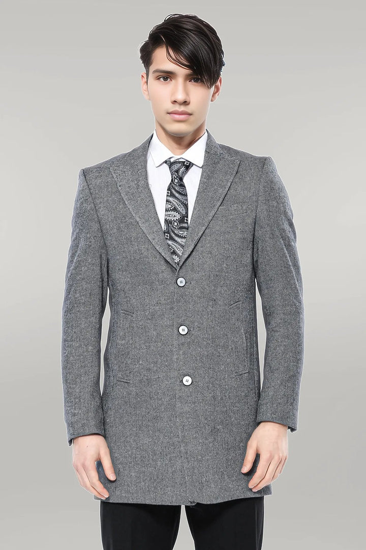 WSS Cachet Peak Lapel Grey Men Long Coat  - Singen