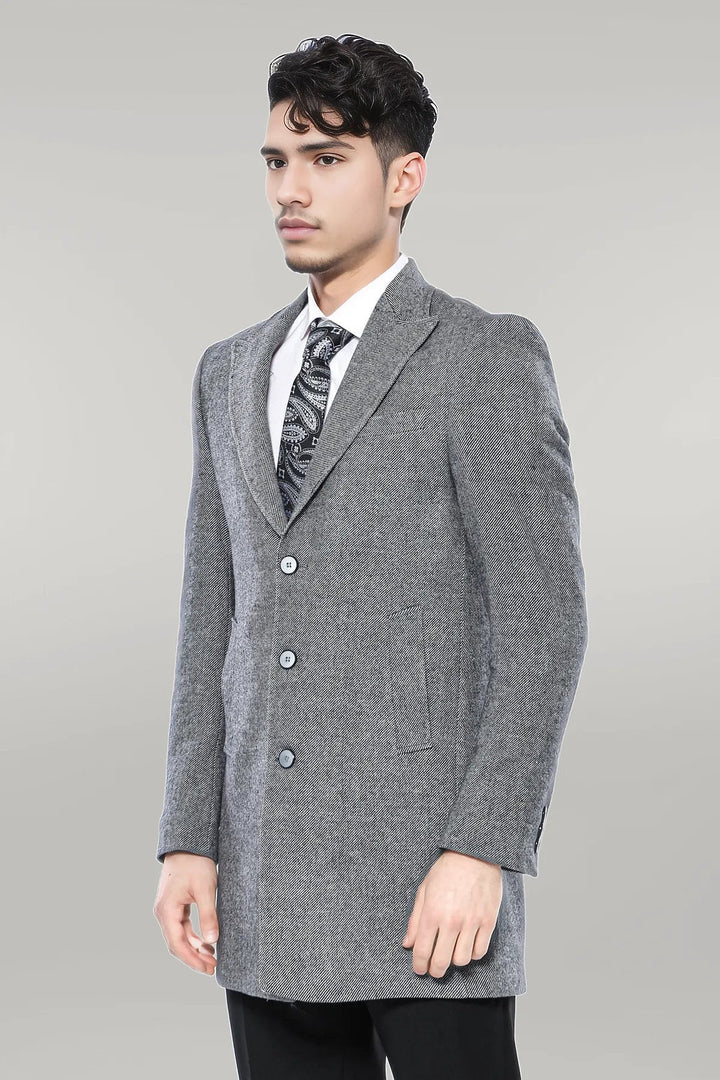 WSS Cachet Peak Lapel Grey Men Long Coat  - Singen