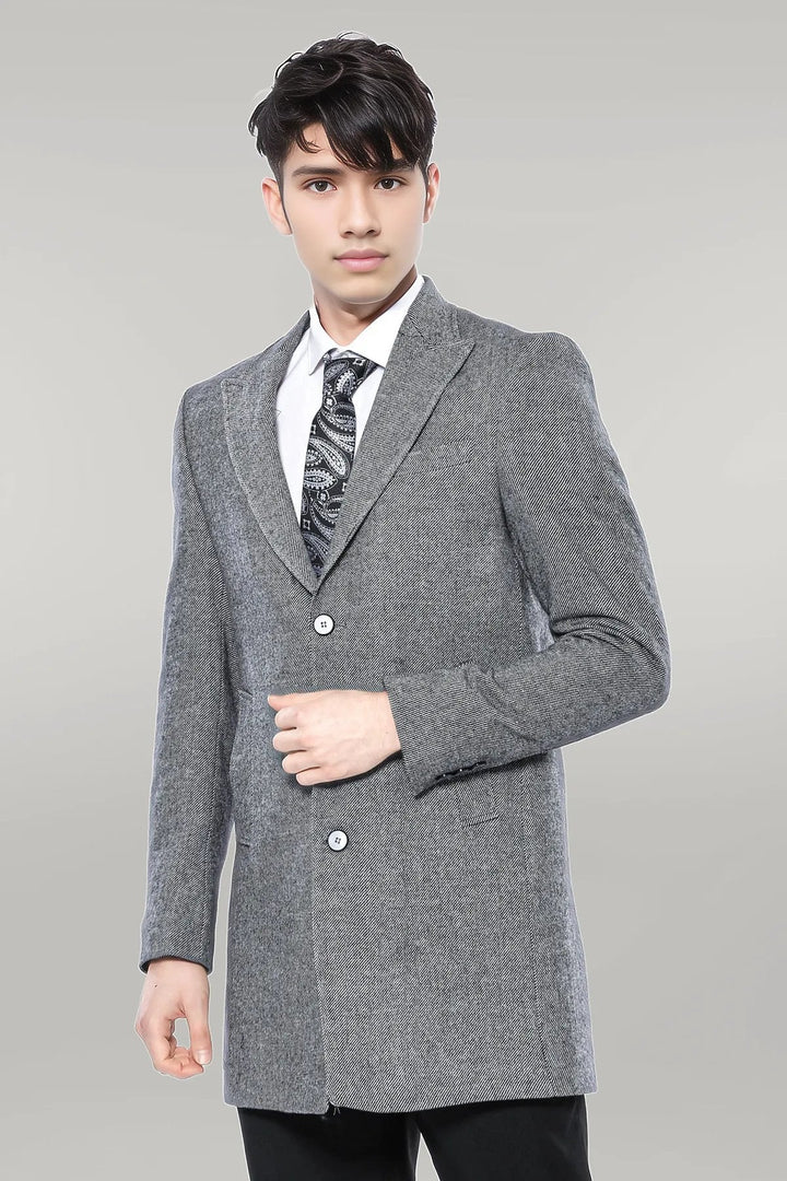 WSS Cachet Peak Lapel Grey Men Long Coat  - Singen