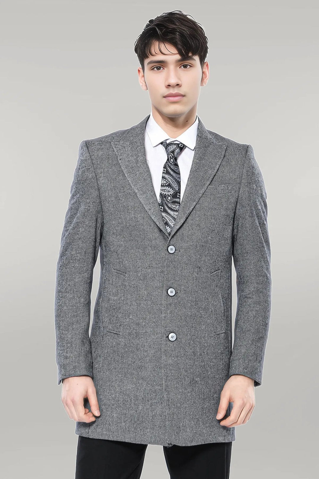 WSS Cachet Peak Lapel Grey Men Long Coat  - Singen