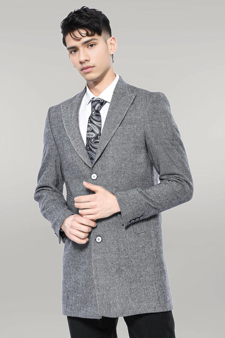 WSS Cachet Peak Lapel Grey Men Long Coat  - Singen