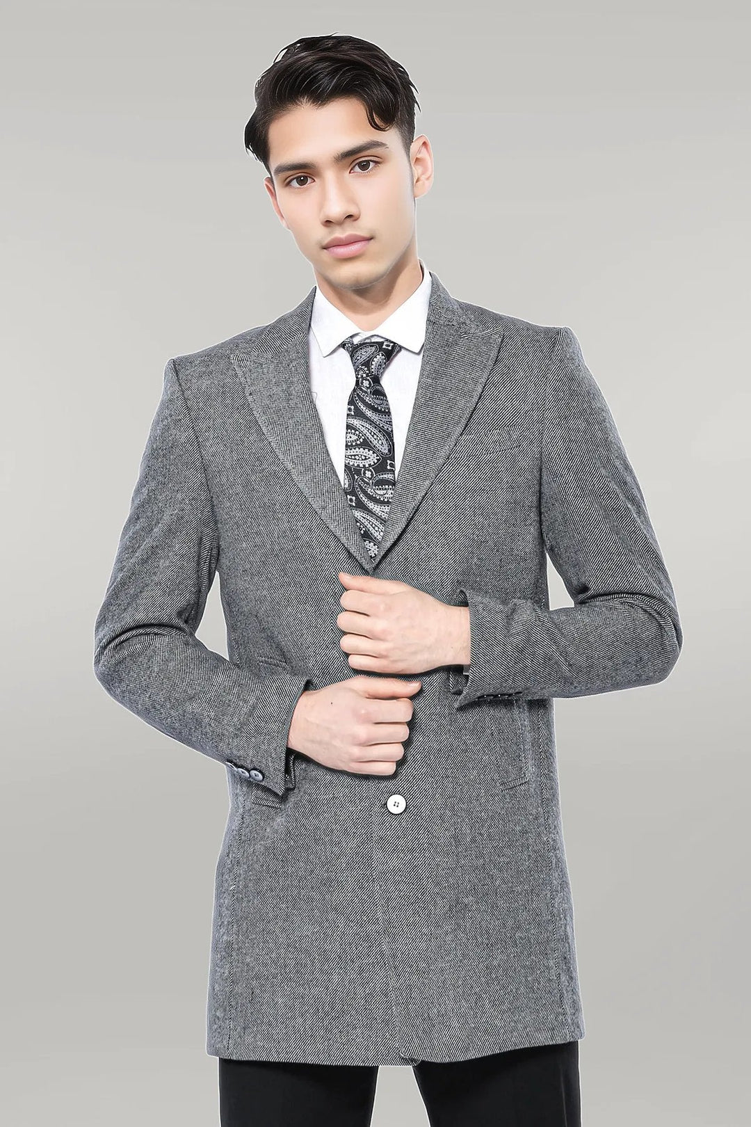 WSS Cachet Peak Lapel Grey Men Long Coat  - Singen