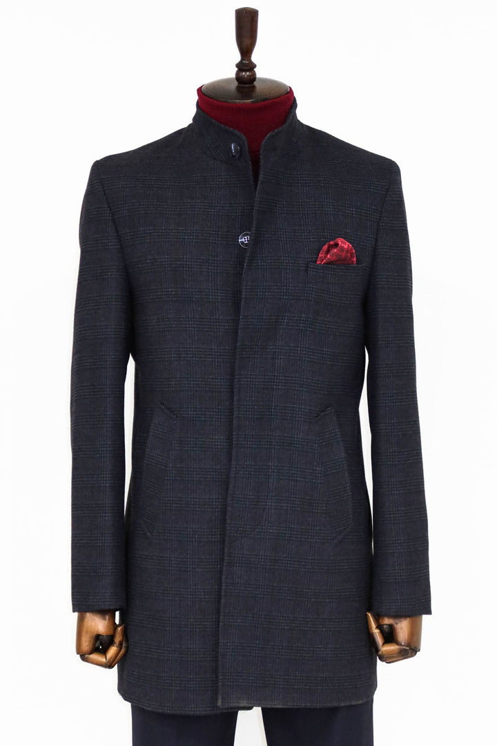 WSS Standing Collar Checked Navy Blue Men Coat  - Singen