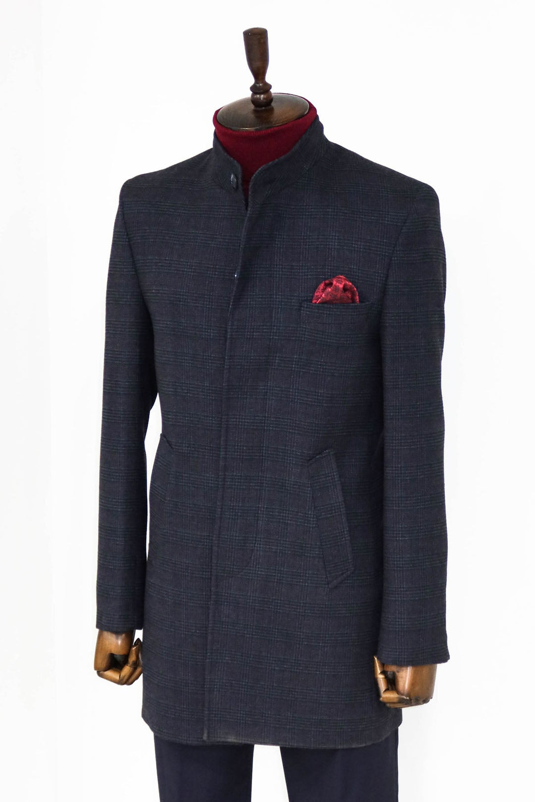 WSS Standing Collar Checked Navy Blue Men Coat  - Singen