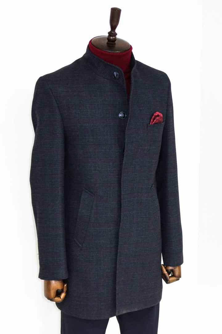 WSS Standing Collar Checked Navy Blue Men Coat  - Singen