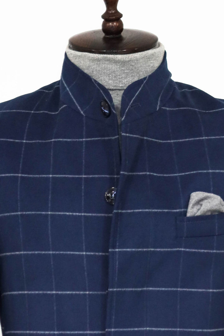 WSS Standing Collar Plaid Blue Men Coat  - Singen