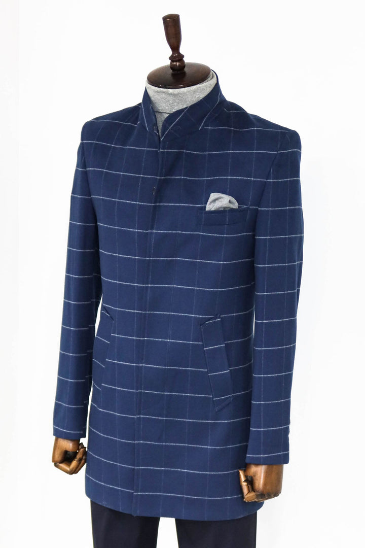 WSS Standing Collar Plaid Blue Men Coat  - Singen