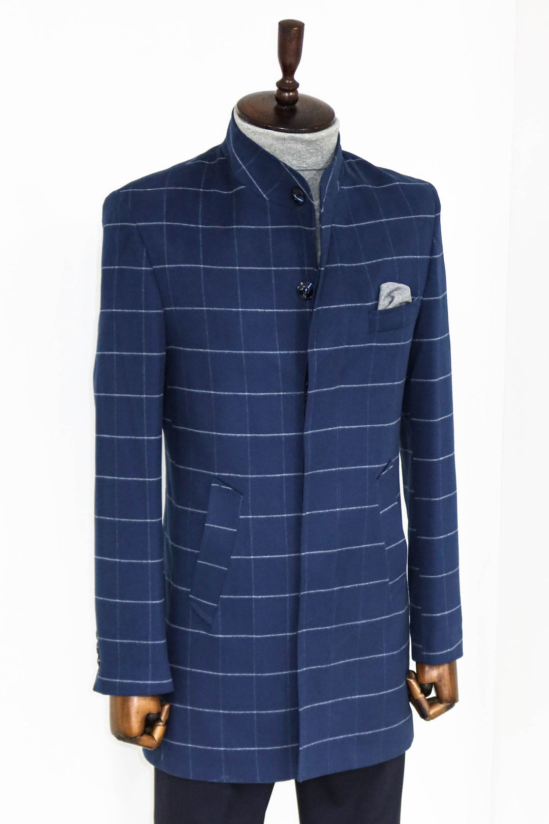 WSS Standing Collar Plaid Blue Men Coat  - Singen