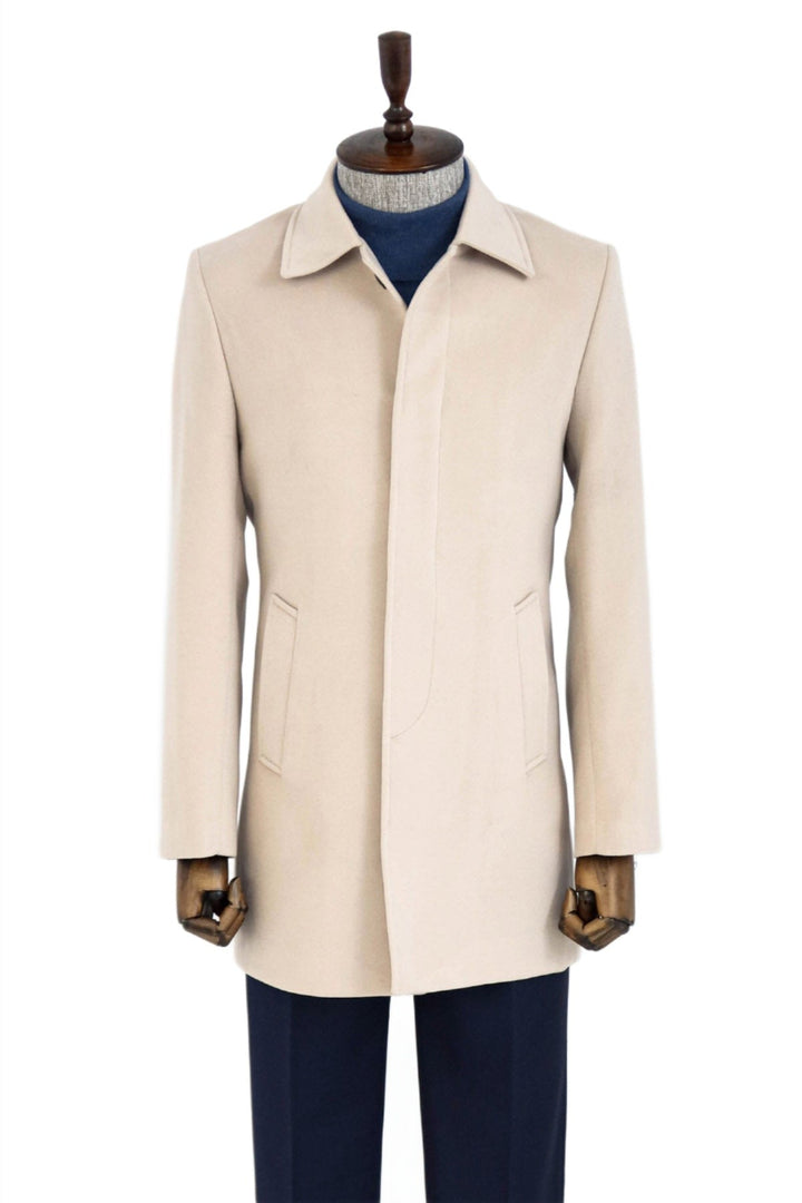 WSS Plain Hidden Button Beige Men Coat  - Singen