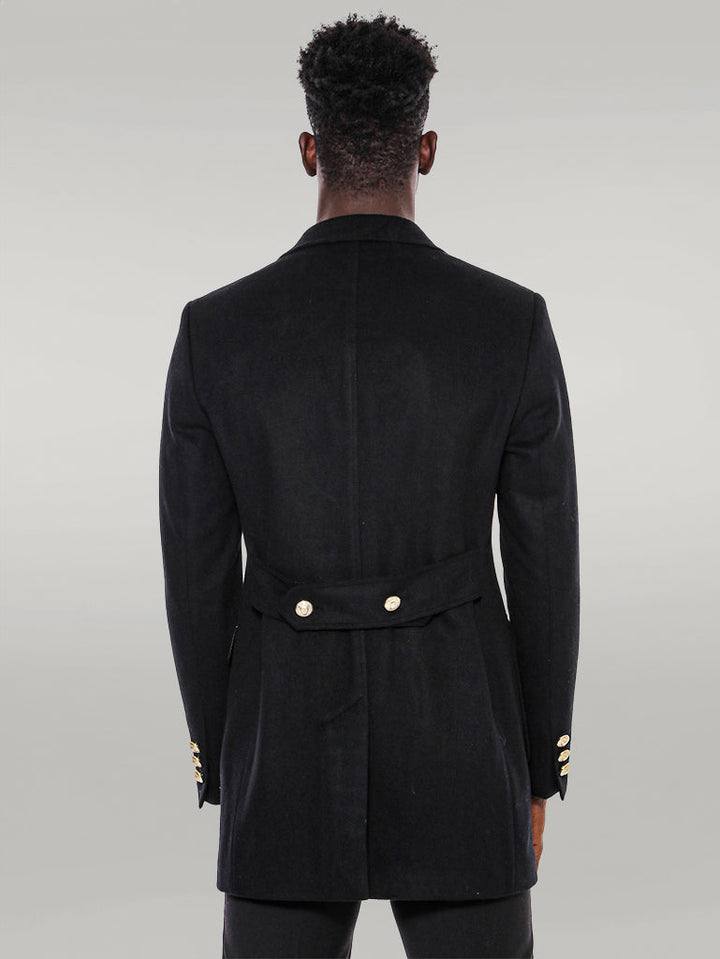 WSS Metal Buttoned Double Breasted Black Men Long Coat  - Singen