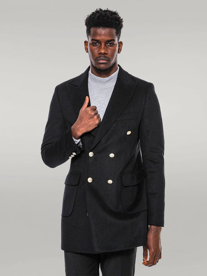 WSS Metal Buttoned Double Breasted Black Men Long Coat  - Singen