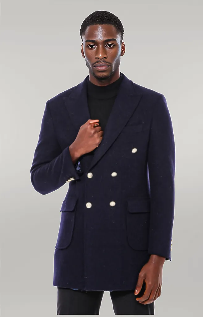 WSS Navy Blue Metal Buttoned Double Breasted Long Coat  - Singen