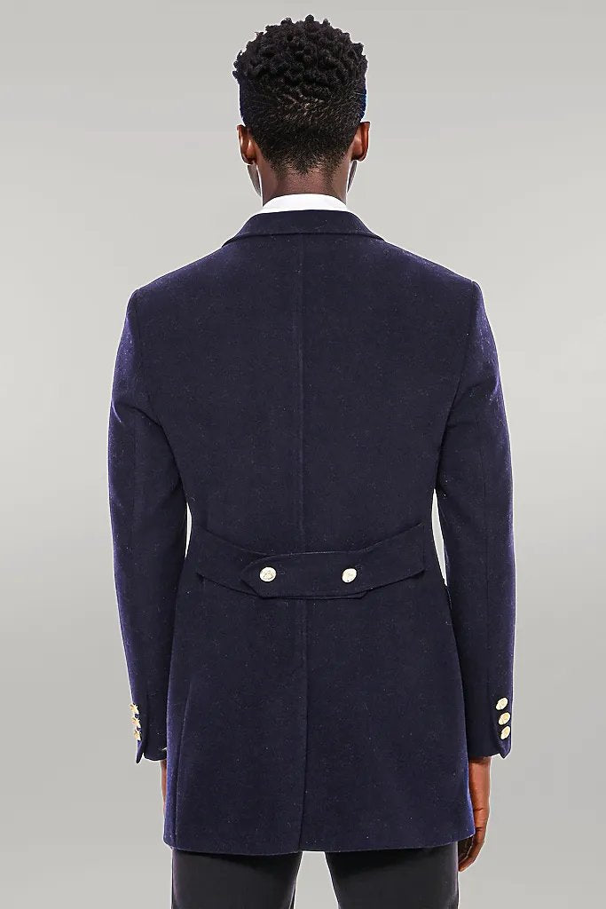 WSS Navy Blue Metal Buttoned Double Breasted Long Coat  - Singen