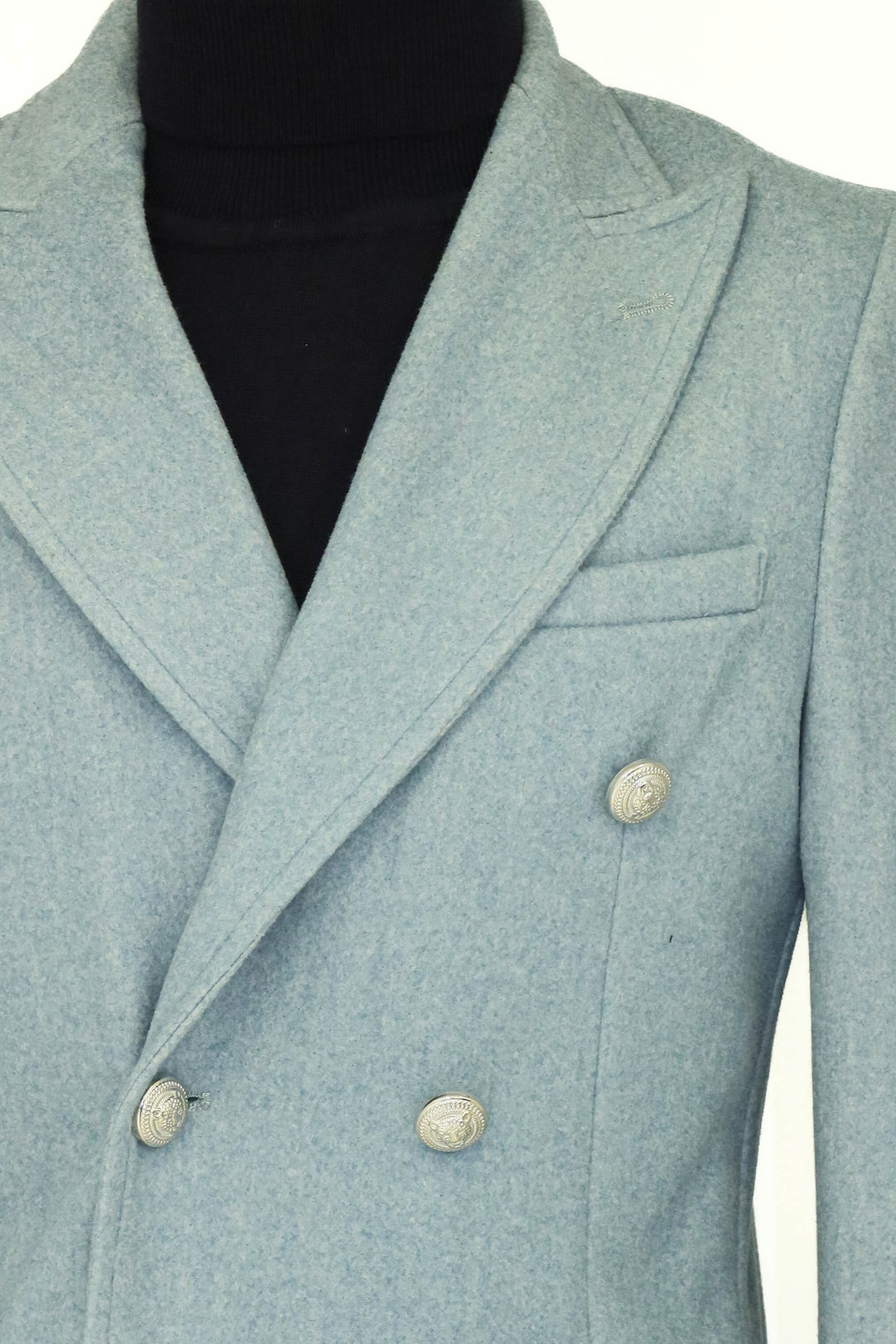 WSS Metal Buttons Wool Cashmere Light Blue Men Double Breasted Coat  - Singen