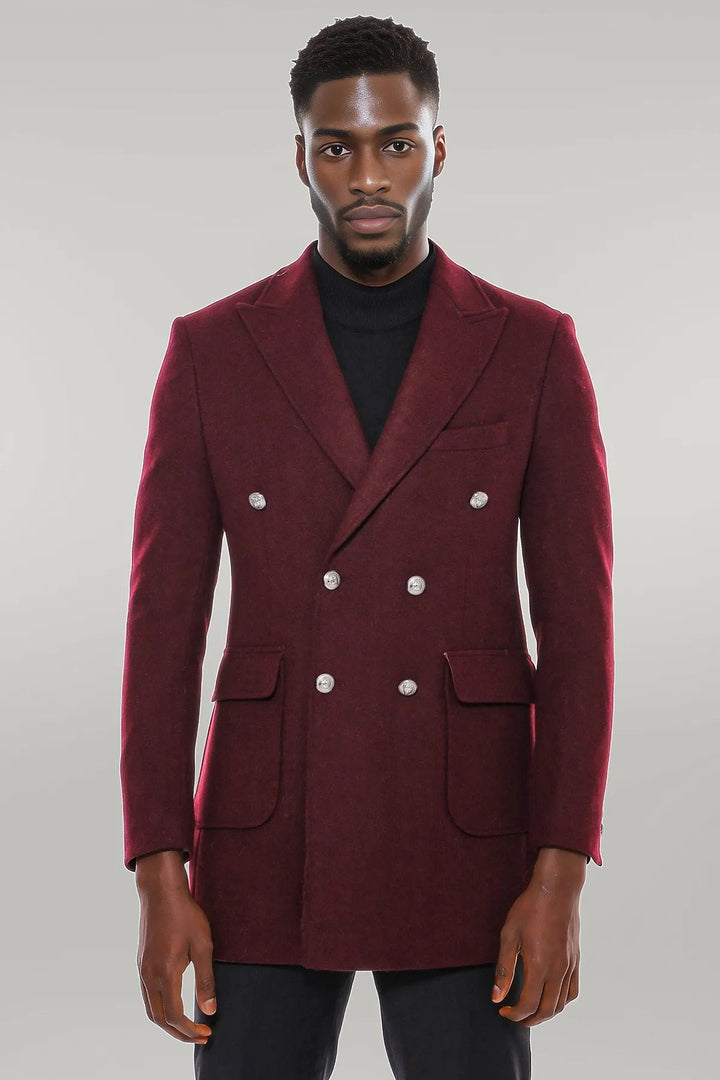 WSS Metal Buttoned Double Breasted Burgundy Men Long Coat  - Singen