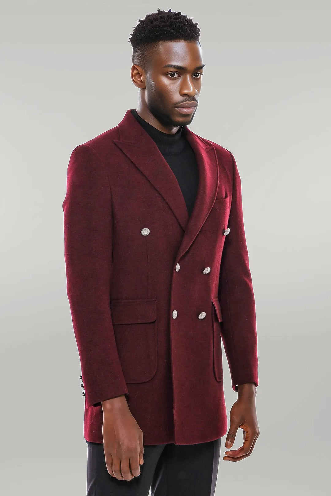 WSS Metal Buttoned Double Breasted Burgundy Men Long Coat  - Singen