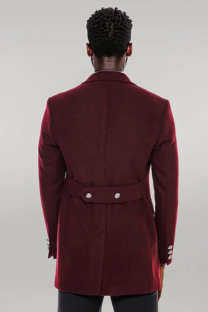 WSS Metal Buttoned Double Breasted Burgundy Men Long Coat  - Singen