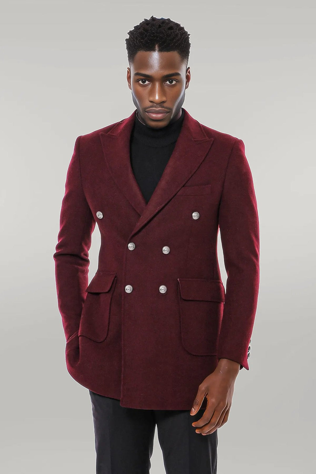 WSS Metal Buttoned Double Breasted Burgundy Men Long Coat  - Singen