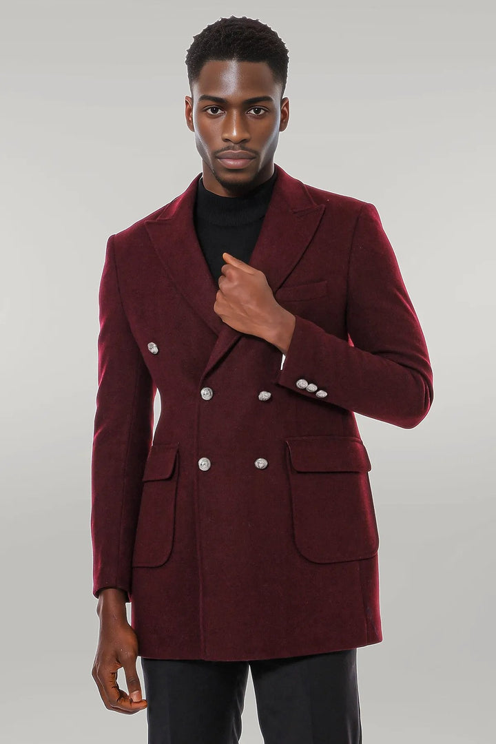 WSS Metal Buttoned Double Breasted Burgundy Men Long Coat  - Singen