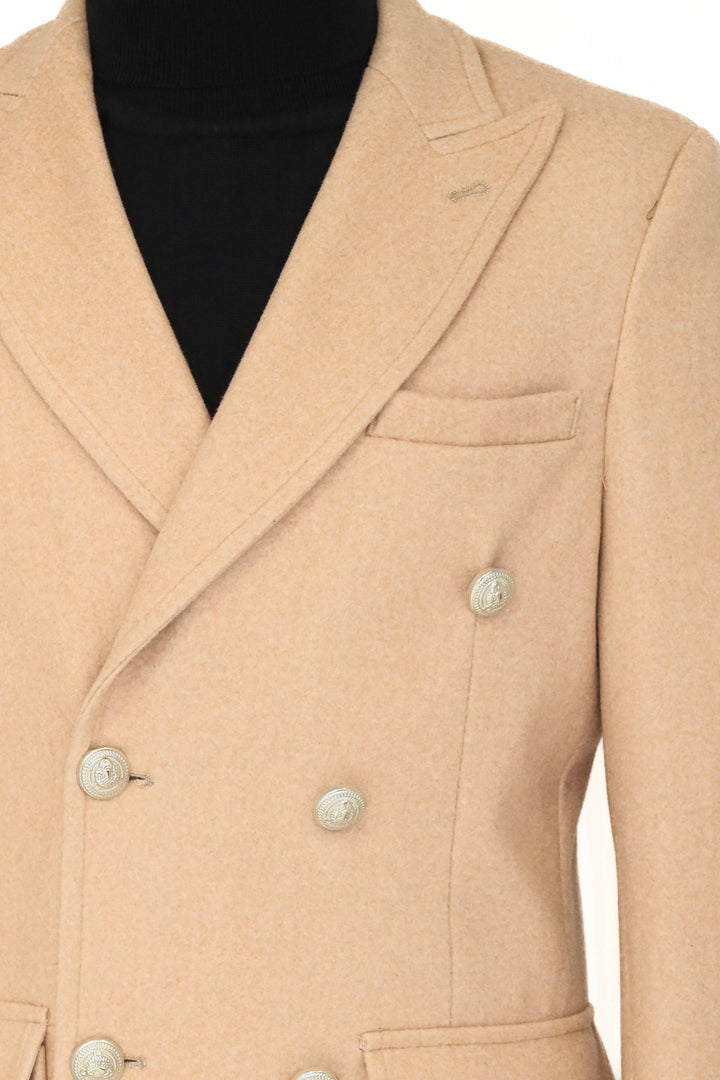 WSS Metal Buttons Wool Cashmere Cream Men Double Breasted Coat  - Singen